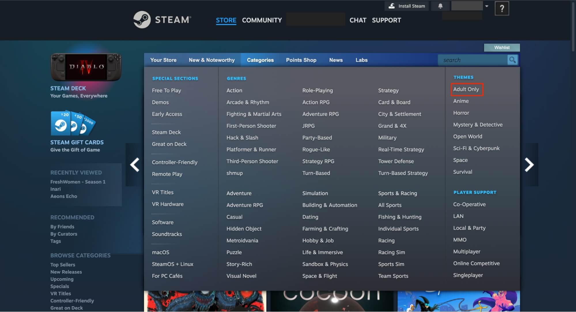 在steam平台使用推薦篩選器 找“僅限成人”的主題標籤